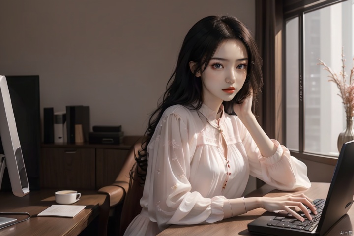  (Best quality, masterpiece), 1 girl, beautiful face, delicate colorful dress, black hair,  working hard before the computer, half body, looking at the computer, hands put on the keyboard, working hard, serious expression, IT,computer, office room, background eastern dragon,Living and dining room, Bedroom, pink fantasy, yifu