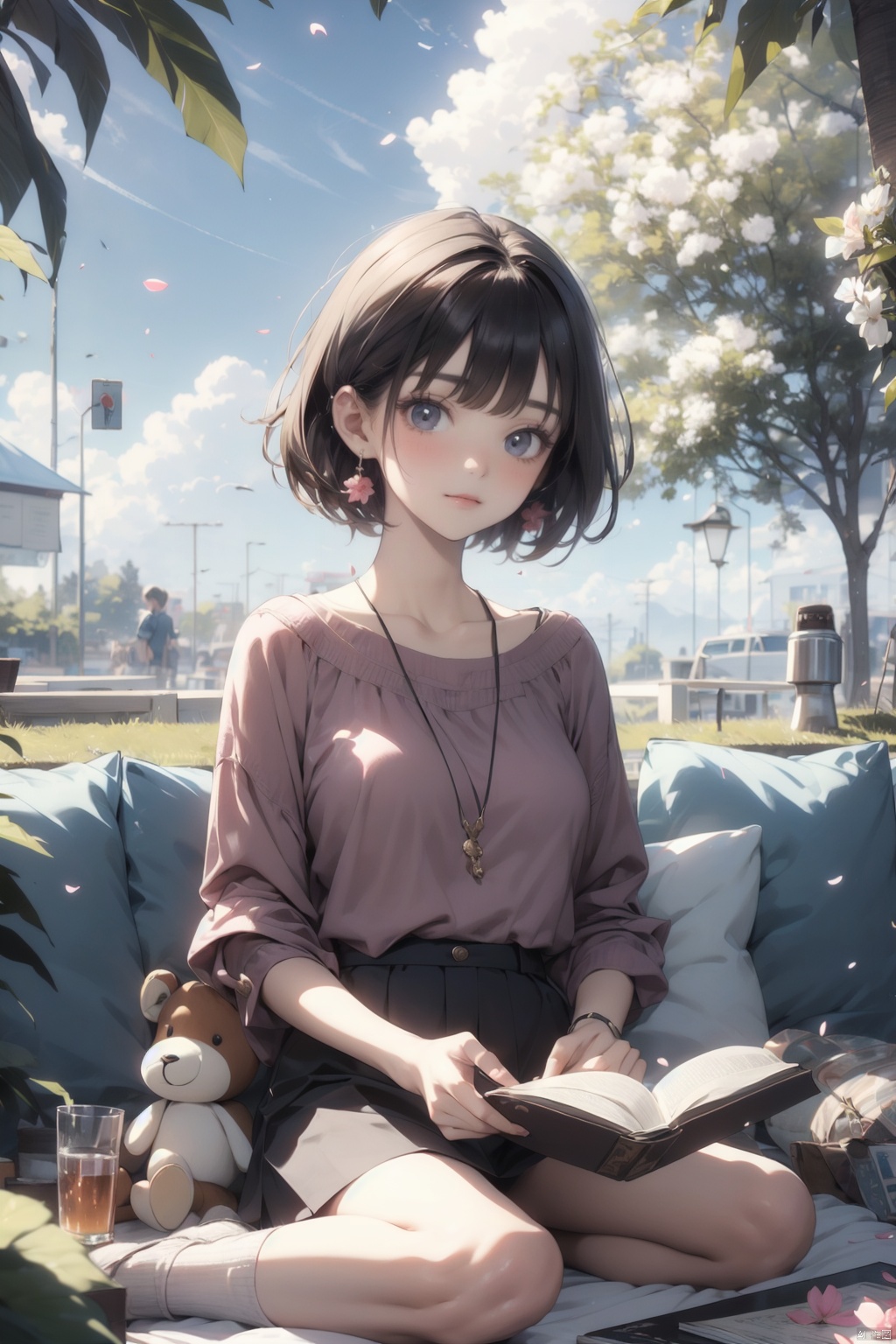  masterpiece, panorama,a girls, solo focus, short hair,  casual clothes, earings, sitting on ground, outside, reading a book, spring park, deep of field, children around, modern style, fruits, stuffed toys, ((carpet)) , beautiful flowers around her,Petals fluttered down from the sky,  spring,30710, cozy animation scenes, dundar