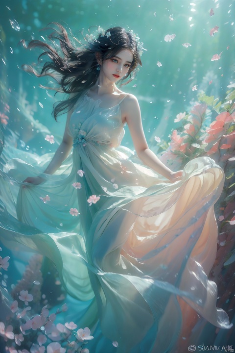  masterpiece, soft light, solo focus, under water, surrounded by beautiful blue flowers and fishes,long hair wave in the water, delicate face, the picture was warm and quiet., 1girl, sdmai, tm, lvshui-green dress, ((poakl)), jellyfishforest, BAINV