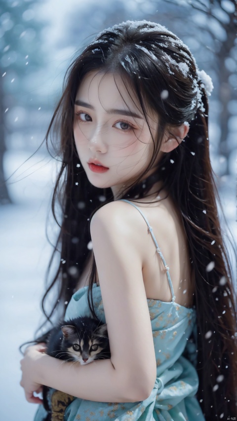 best quality,masterpiece, happy new year, 1 girl, solo, beautiful face, perfect skin, snow, holding cute animals in her arms, girl enjoying the happiness brought by the festival, colorful, goddess, xiqing, dofas