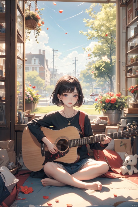  masterpiece, panorama,a girls, solo focus, short hair,  casual clothes, earings, sitting on ground,spring park, deep of field, children around, guitar,modern style, fruits, stuffed toys, ((carpet)) , beautiful flowers around her,Petals fluttered down from the sky,  spring, guitar, 30710, cozy animation scenes, dundar