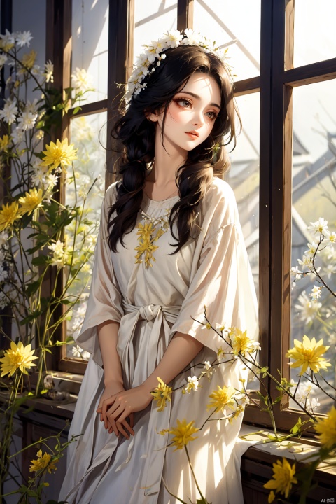  Enhanced, masterpiece, 16K, girl, Solo, delicate face, long hair,Garland headdress, wearing white dress, diamond necklac, standing beside the window, surrounded by flowers, rape flower,perfect hands, huliya, windowsill, Ancient China_Indoor scenes