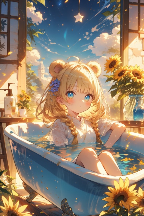  A picture of a little girl in a bathtub, surrounded by flowers and sunflowers, the picture has a Little Bear, a little rabbit, two little pigs blue flowers, flowers, stars, sunflowers, yellow Lily of the valley., (\ji jian\), (\MBTI\), (/qingning/), mpaidui, (\shen ming shao nv\), cozy animation scenes, cozy anime, nai3,wings