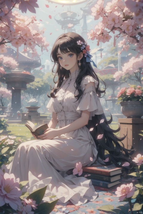  masterpiece,best quality,4k, panorama,a girls, solo focus, long hair, casual clothes,dress, earings, sitting on ground, under a tree, outside, reading a book, spring park, deep of field, children around, modern style, fruits, stuffed toys, ((carpet)) , beautiful flowers around her,Petals fluttered down from the sky,  spring,30710, cozy animation scenes, colors