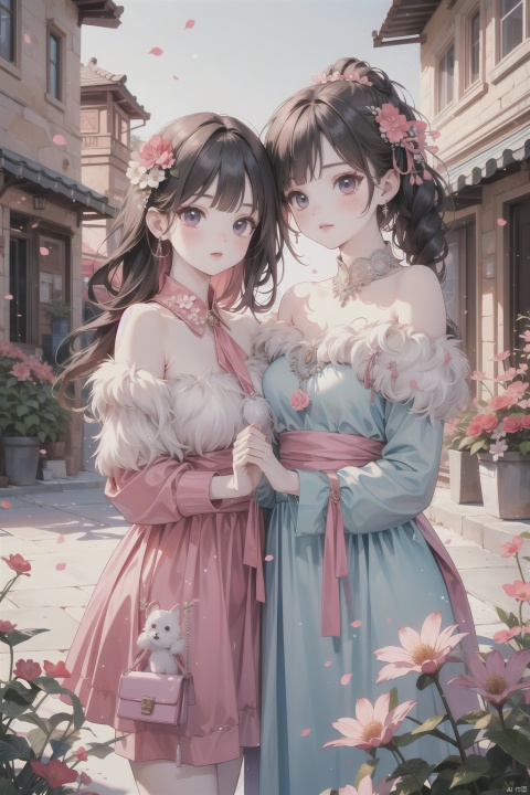 masterpiece, sharp focus, best quality, depth of field, cinematic lighting, 2 girls tied with New Year's ribbon, <:more_details:0.5>, dress, fur trimmed collar, fantasy, ((poakl flower style))