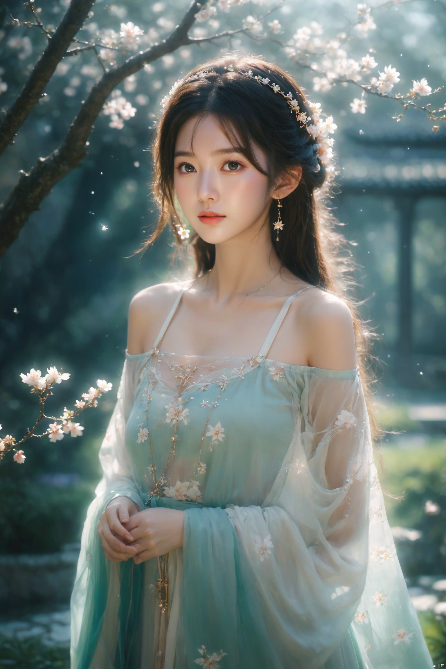  (masterpiece), (best quality), illustration, ultra detailed, depth of field, outside garden, a suspended girl, masterpiece,gradient background, best quality, star, floating flowers, 1 girl,looking away, Beautiful and meticulous eyes, middle breast, beautiful detailed,off shoulder, delicate dress, long hair, headband, earring, full body, hands together, extremely detailed wallpaper,intense shadows, cinematic lighting, depth of field,goddess of spring, painting, Dingdall effect, arien_hanfu, glow, 1girl