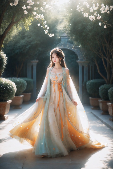  (masterpiece), (best quality), illustration, ultra detailed, depth of field, outside garden, a suspended girl, masterpiece,gradient background, best quality, star, floating flowers, 1 girl,looking away, Beautiful and meticulous eyes, middle breast, beautiful detailed,off shoulder, delicate dress, long hair, headband, earring, full body, hands together, extremely detailed wallpaper,intense shadows, cinematic lighting, depth of field,goddess of spring, painting, Dingdall effect, arien_hanfu, glow, 1girl