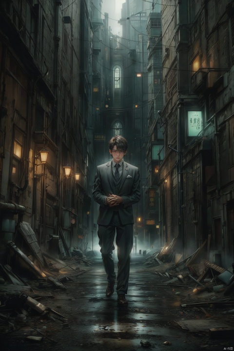  masterpiece,high quality, (boy), depth of field,Cthulhu-style wilderness, young male,tall, solo, full body, perfect body, Full of loneliness and fear, cover his face with hands, fear, short hair, detailed face description,handsome, secret agent,  ((long leg)), (standing alone), brown suit, fear expression, alone,photography, modern design, desserted city, depth of field, ghost, deep shadow,solo male,Multi energy text,1boy,Energy pairing,  Glowing Text,恐怖