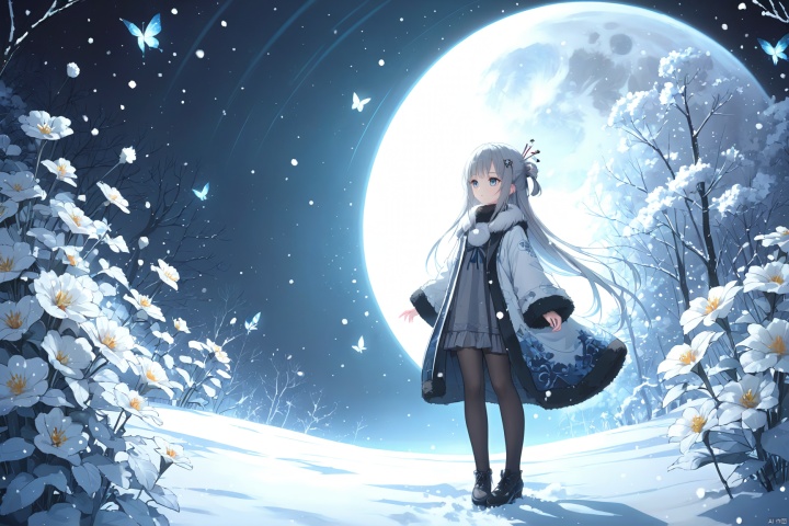  (masterpiece), (best quality), illustration, ultra detailed, hdr, Depth of field, (colorful),loli,full body, focus, masterpiece, solo, gradient background, winter, best quality, star, Through the mottled light and shadow of snow, deep night, wind, flying butterfly, flying white flowers, big moon, 1 girl, Beautiful and meticulous eyes, small breast, beautiful detailed,fur collar dress, a sweater coat,Grey gradient hair Blue highlights, hairpin, hime_cut, long sleeves ,sigh, strong rim light, anime screenshot, Bust, solo focus, extremely detailed wallpaper, Personage as the main perspective, intense shadows, cinematic lighting, depth of field, painting