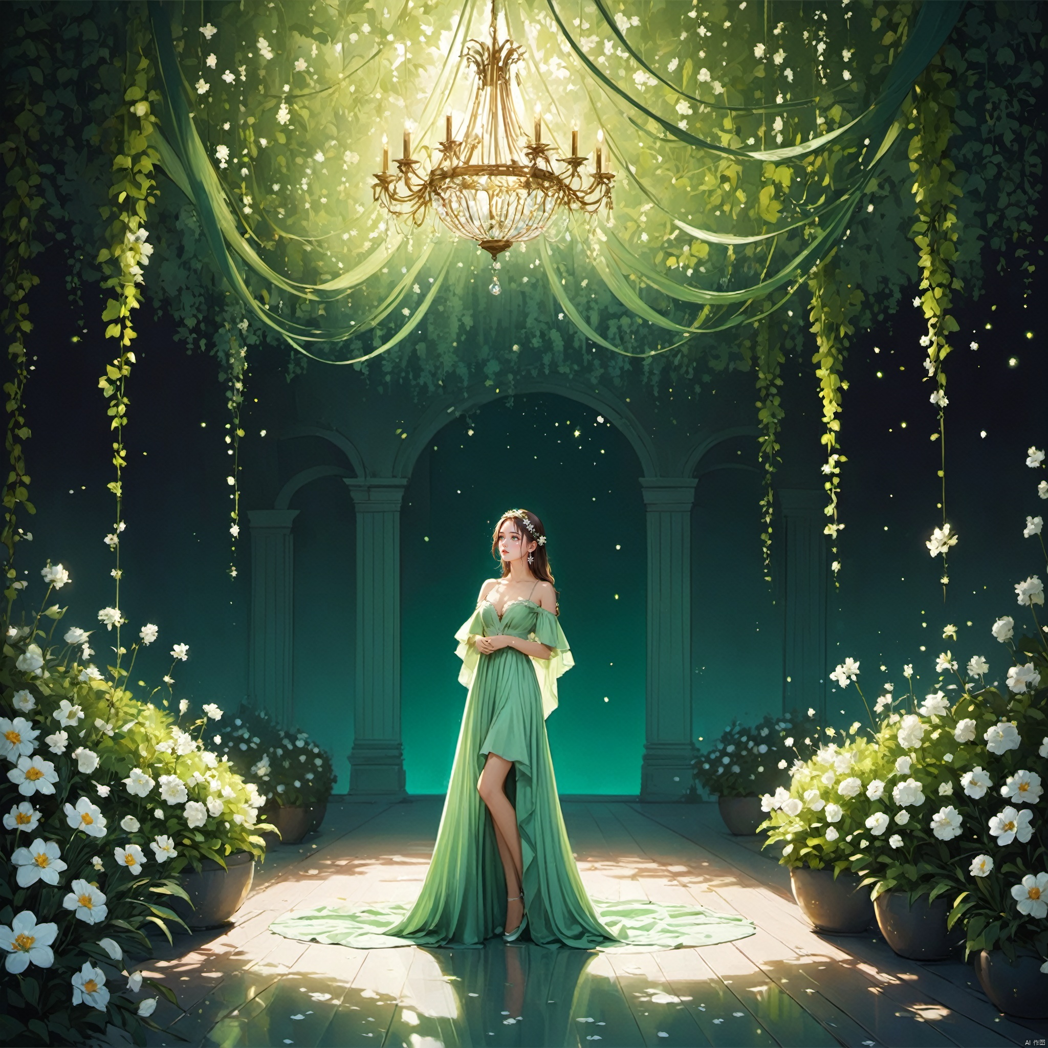  (masterpiece), (best quality), illustration, ultra detailed, depth of field, outside garden, a suspended girl, masterpiece,gradient background, best quality, star, floating white flowers, 1 girl,looking away, Beautiful and meticulous eyes, middle breast, beautiful detailed,off shoulder, a light green dress, long hair, headband, earring, full body, hands behind body, extremely detailed wallpaper,intense shadows, cinematic lighting, depth of field, painting, Dingdall effect