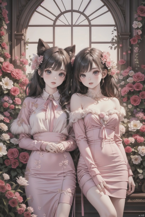 masterpiece, sharp focus, best quality, depth of field, cinematic lighting, 2 girls tied with New Year's ribbon, <:more_details:0.5>, dress, fur trimmed collar, fantasy, ((poakl flower style))