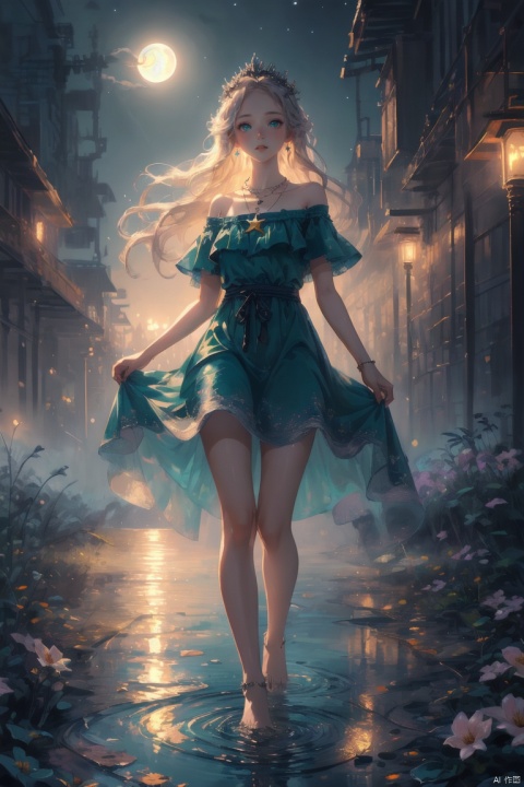  (masterpiece), (best quality), illustration, ultra detailed, soft light, Depth of field, a girl, fairy, full body, solo focus, masterpiece, gradient background, summer night, moon, best quality, star,wind, flying flowers,colorful flowers, fireflies,1 girl, long hair, Beautiful and meticulous eyes, wear crown of thorns, necklace, small breast, beautiful detailed,off shoulder, green dress,perfect hand,  bare feet, step in water, solo focus, extremely detailed wallpaper,cinematic lighting, girl, Hazy light,Floodlight,Purity Portait, Gauze Skirt, Light master