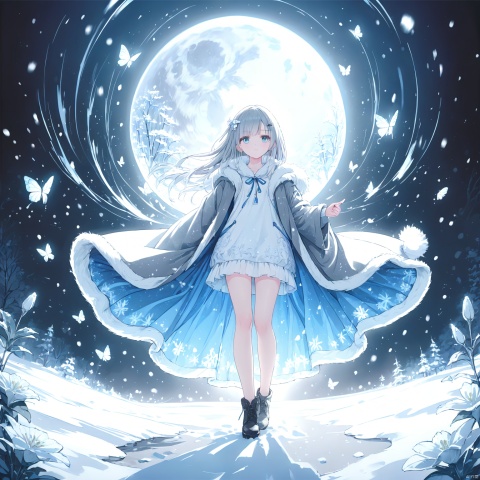  (masterpiece), (best quality), illustration, ultra detailed, hdr, Depth of field, a  girl, full body, Magic,focus, masterpiece, solo, gradient background, winter, best quality, star, Through the mottled light and shadow of snow, deep night, wind, flying butterfly, flying white flowers, ice flower, big moon, 1 girl, white hair, Beautiful and meticulous eyes, small breast, beautiful detailed,fur collar dress,colorful, a sweater coat,Grey gradient hair Blue highlights, hairpin, hime_cut, long sleeves ,perfect hand, strong rim light, anime screenshot, Bust, solo focus, extremely detailed wallpaper, Personage as the main perspective, intense shadows, cinematic lighting, depth of field, painting, girl, glow, lines