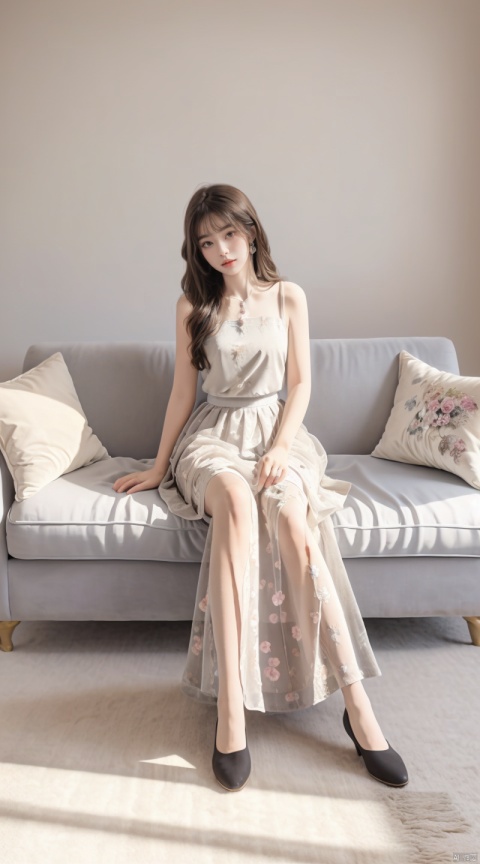 masterpiece, panorama,a girl, solo focus, half_body,long hair, dress, sitting in sofa, a delicate sitting room, a photo frame on the wall, velvet curtains, sofa in modern minimalist  style, ((carpet)) on the floor, beautiful flowers, skirt_lift, cns_dress