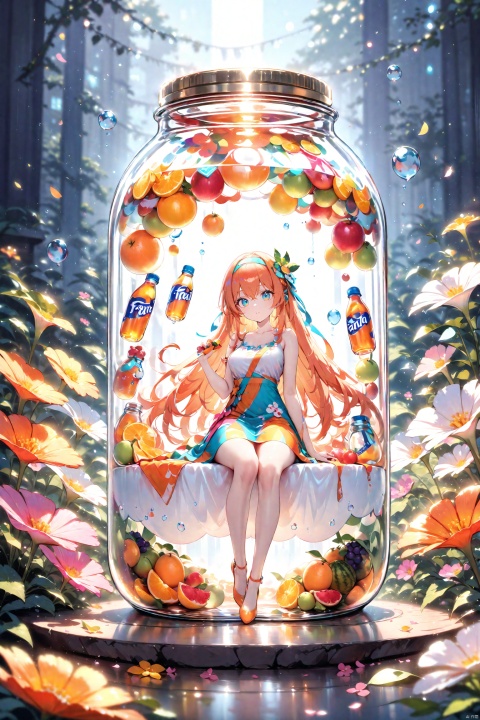  (masterpiece), (best quality), illustration, ultra detailed, hdr, Depth of field, (colorful), loli,(flowers background:1.45),(transparent background:1.3)(an extremely delicate and beautiful girl inside of glass jar:1.2), (glass jar:1.35),(solo:1.2), (full body), (beautiful detailed eyes, beautiful detailed face:1.3), (sitting ), (very long silky hair, float white hair:1.15), (medium_breasts, tally and skinny:1.2), (Colorful dress:1.3), (extremely detailed lace:0.3), (insanely detailed frills:0.3),(hairband , orange hair_ornament:1.25),orange cans,water surface,full body,(bottle filled with orange water,bottle filled with Fanta:1.25), (many fruits in jar, many Sliced_fruits in jar:1.25), (many bubbles:1.25), Colorful Girl