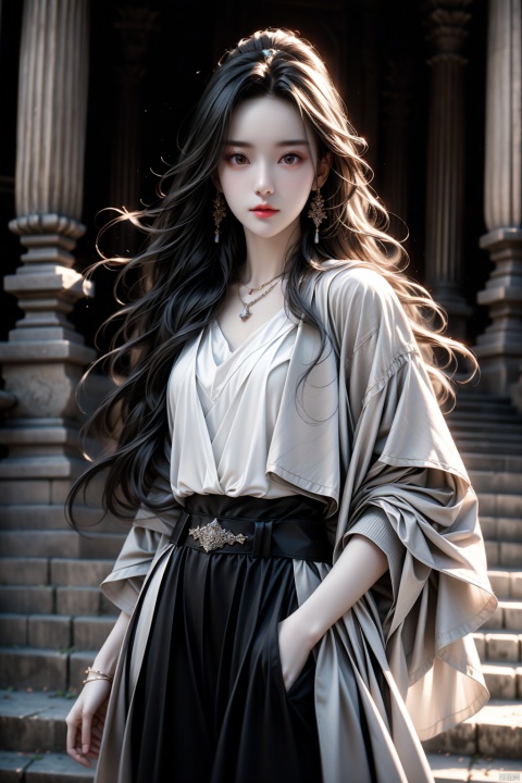  masterpiece, best quality,1girl,solo focus,standing, looking at viewer,  a haughty lookblack long hair, wearing a necklace, delicate face, beautiful eyes, tube top,light chiffon dress, sweater coat,diamond belt, metal clasp,close-up, yifu