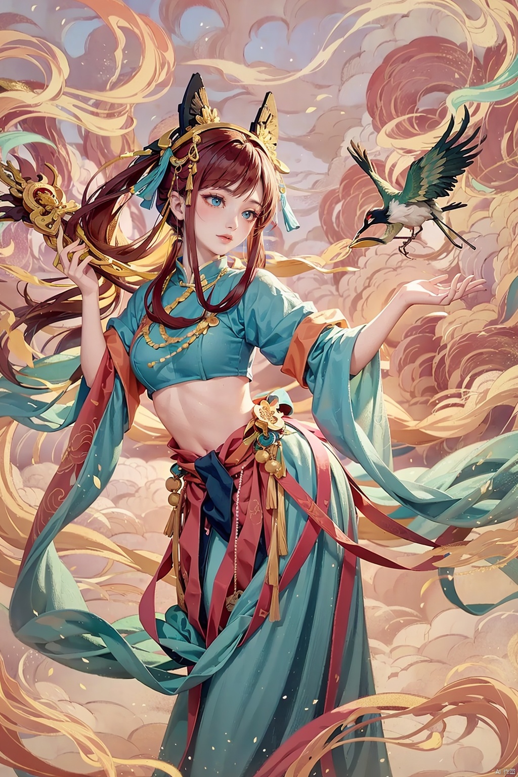  1girl, solo, surrounded by birds, In the center of the picture is a scroll of a beautiful girl, dressed in DUNHUANG_CLOTHS, with long hair cascading down to her waist, a beautiful face, and bright, mysterious eyes.

The girl flew out of the scroll, and her body was surrounded by colored light, giving a dreamlike feeling. She danced in the air, surrounded by colorful petals and auras. The scenery in the scroll also flies out with the girl, and the mountains, forests and streams merge together under the guidance of the fairy to form a wonderland full of magic and fantasy.

DUNHUANG_CLOTHS,CS_Jiangnan,guofeng, bird, lowers, mountain, fog, red carp, red sun, clouds,chinese style