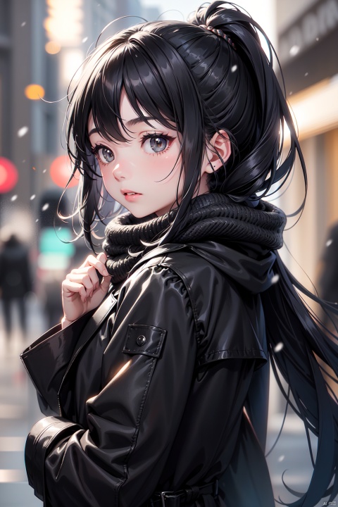  1girl, black_coat, black_hair, blurry, blurry_background, blurry_foreground, bokeh, city_lights, coat, depth_of_field, from_side, jacket, lens_flare, long_hair, long_sleeves, looking_away, motion_blur, outdoors, scarf, snow, snowing, solo, upper_body