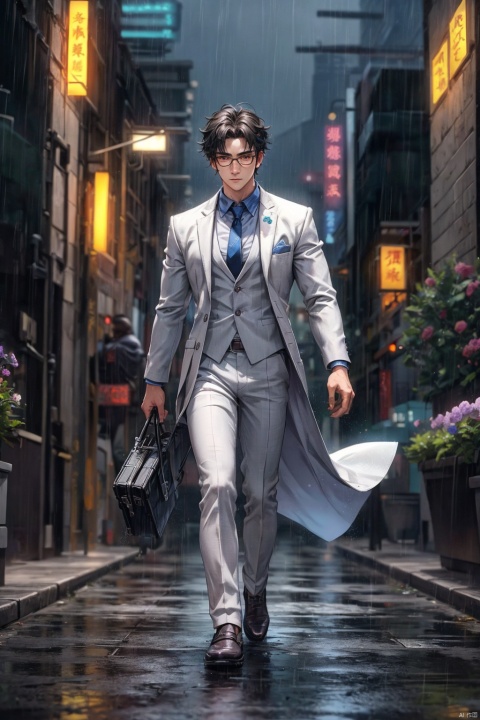  masterpiece,high quality, (boy), depth of field,soft light, young male, solo, full body, perfect body, beautiful eyes, wearing glasses, short hair, detailed face description,handsome, secret agent, super spy, long leg, (walking), white suit coat, dark Flower tie, armed, confident expression, photography, modern design, rain, depth of field, deep shadow,solo male,Wen Dao Sheng Zun,, suit,Multi energy text,1boy,Energy pairing, Cyberpunk Concept, Wen Dao Sheng Zun,Glowing Text