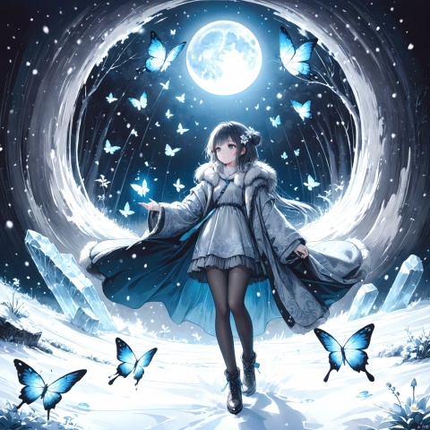  (masterpiece), (best quality), illustration, ultra detailed, hdr, Depth of field, a  girl, full body, Magic,focus, masterpiece, solo, gradient background, winter, best quality, star, Through the mottled light and shadow of snow, deep night, wind, flying butterfly, flying white flowers, ice flower, big moon, 1 girl, black hair, Beautiful and meticulous eyes, small breast, beautiful detailed,fur collar dress, a sweater coat,Grey gradient hair Blue highlights, hairpin, hime_cut, long sleeves ,perfect hand, strong rim light, anime screenshot, Bust, solo focus, extremely detailed wallpaper, Personage as the main perspective, intense shadows, cinematic lighting, depth of field, painting, girl, glow, lines