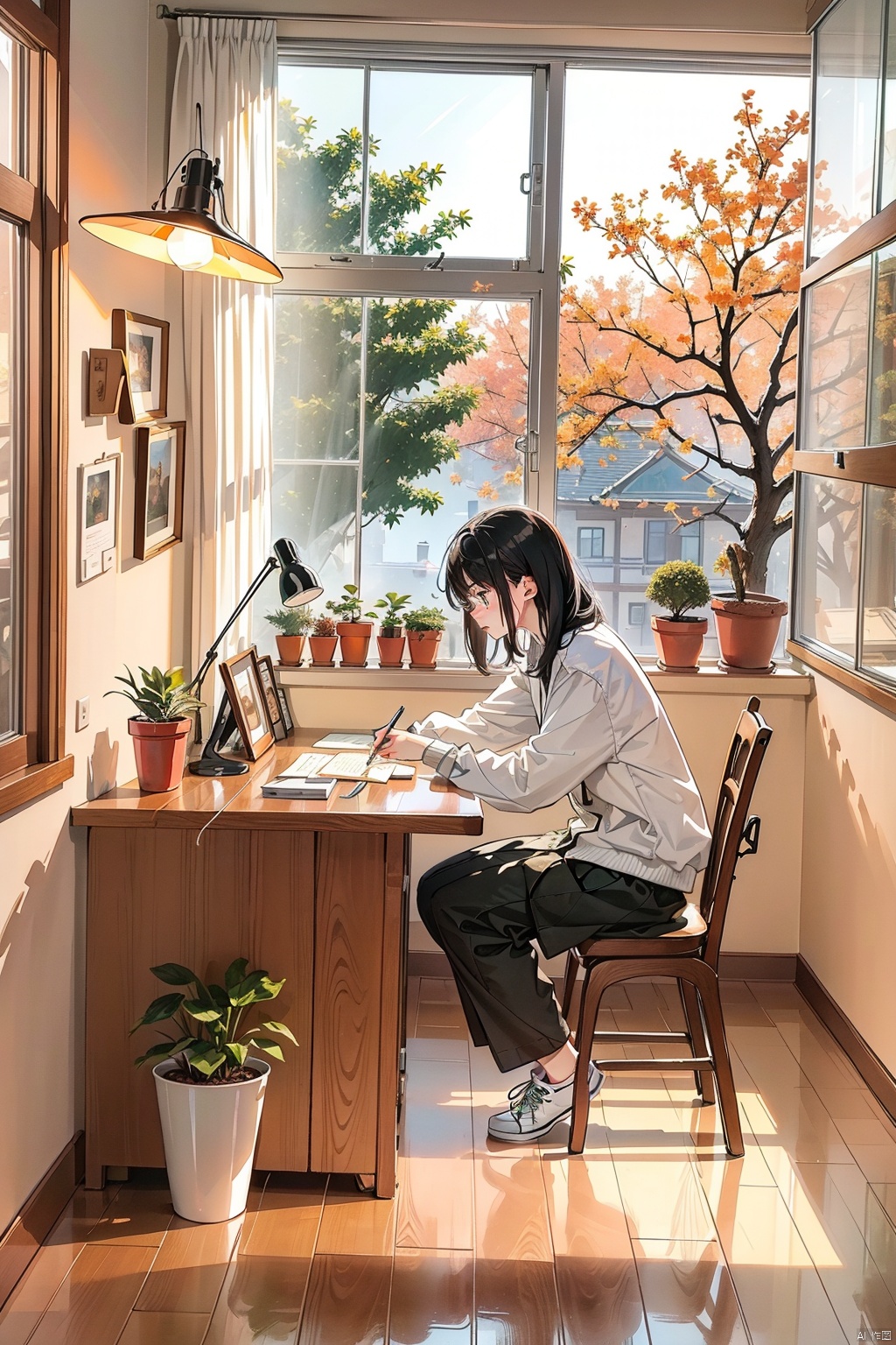  masterpiece, best quality, Best picture quality, best quality, official art, yinyou,
tongxin ,medium scene,indoor scene, floor-to-ceiling window (in the middle of the picture),in the window, a desk is placed across the window,A girl was writing on the table, books are placed on the desk, desk lamp (desk lamp is on) (warm light), green potted plants, background ,outside the window is yard, winter appearance, bare branches,the whole picture of warm orange light.