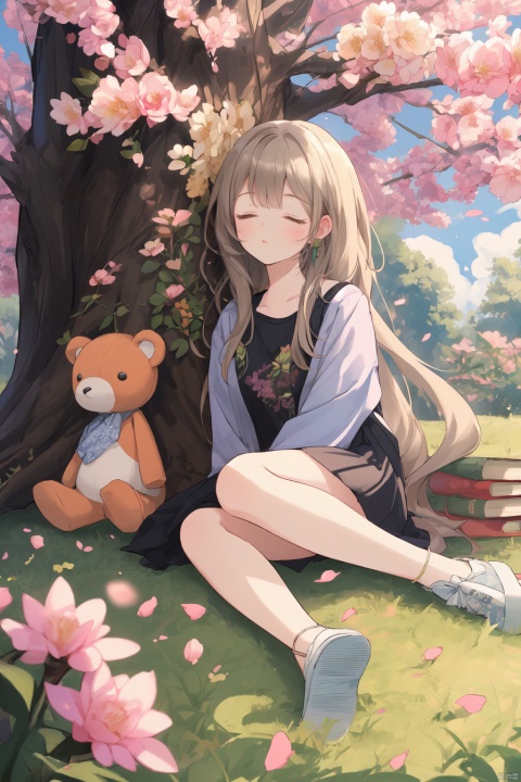  ( masterpiece,best quality),8k wallpaper, panorama,a girls, solo focus, long hair, casual clothes, earings, sitting on ground, under the tree, (dozing against a tree), ((close eyes)),sleeping, cool expression, outside, put hands by her side,  head tilted slightly to one side, spring park, deep of field, modern style,  books,fruits, stuffed toys, ((carpet)) , beautiful flowers, petals fluttered down from the sky, spring, Clear lines and bright colors,  mLD, 1girl, kahuka1