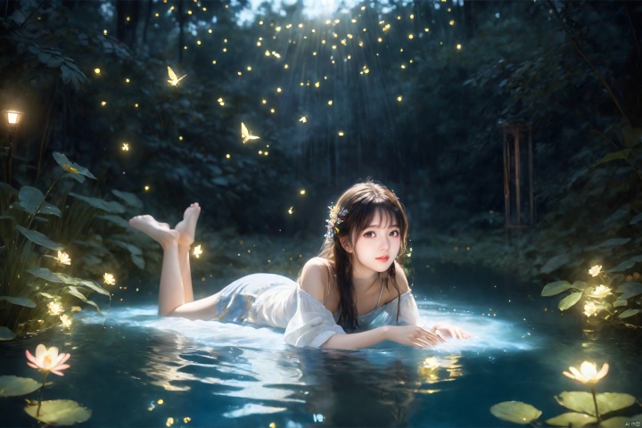  (masterpiece), (best quality), illustration, ultra detailed, hdr, Depth of field, a girl, full body, magic, solo focus, laying_down in water, masterpiece, gradient background, summer, best quality, star, wind, flying flowers,colorful flowers, fireflies, 1 girl, coffee long hair, Beautiful and meticulous eyes, small breast, beautiful detailed,off shoulder, casual clothes, long_sleeve ,perfect hand, strong rim light, anime screenshot, bare feet, float on water, solo focus, extremely detailed wallpaper,cinematic lighting,glow, Hazy light,Floodlight, NVZ, (\shen ming shao nv\)