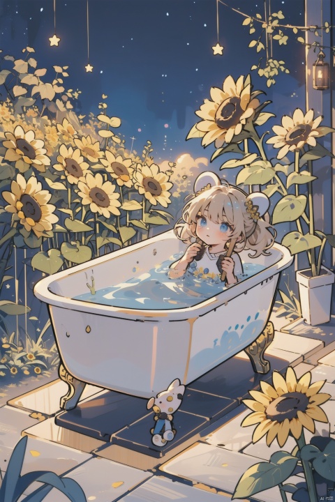  A picture of a little girl in a bathtub, surrounded by flowers and sunflowers, the picture has a Little Bear, a little rabbit, two little pigs blue flowers, flowers, stars, sunflowers, yellow Lily of the valley., (\ji jian\), (\MBTI\), (/qingning/), mpaidui, (\shen ming shao nv\)