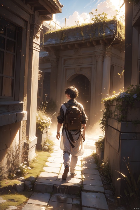 (Masterpiece), (hyper-realistic), (perfectly Detailed) image of the back of an astronout, 1boy, walking alone in an unknown and ancient landscape, full of bizzare yet fascinating flora and fauna. Even though hes alone but he still maintain his calm and keep walking forward. Artistic photography, absurdres, masterpiece 8K HDR quality image