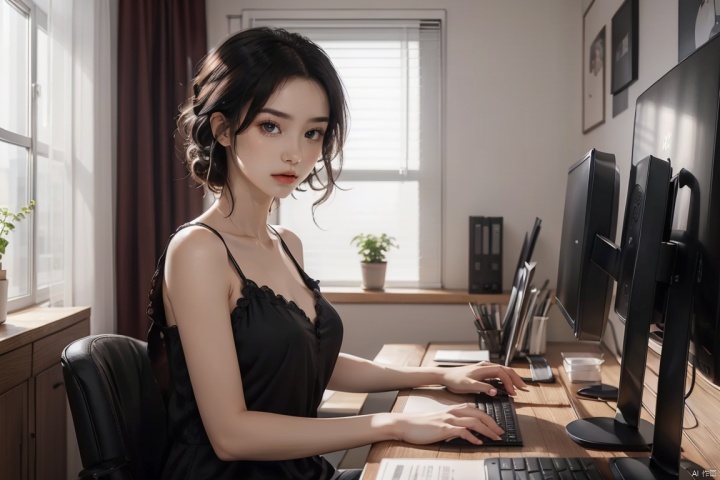  (Best quality, masterpiece), 1 girl, beautiful face, delicate dress, black hair,  working hard before the computer, half body, looking at the computer, hands put on the keyboard, working hard, serious expression, IT,computer, office room, background eastern dragon,Living and dining room, Bedroom