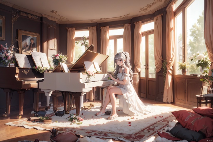  masterpiece, panorama,1 girl, solo, long curly hair, grey hair, happy face,perfect body, delicate dress, hair spin, ((play piano)), sit in Piano Stool, slippers, a delicate sitting room, deep of field, a photo frame on the wall, velvet curtains, sofa in modern minimalist style, Stuffed toys on the floor,drinking plastic juice bottles,((carpet)) on the floor, game consoles scattered on the floor, summer holiday, flowers, backlight, mLD, (\ji jian\),cozy anime, dress