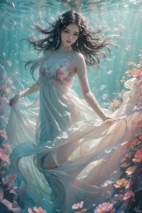  masterpiece, soft light, solo focus, under water,  surrounded by beautiful flowers and fishes,long hair wave in the water, delicate face, the picture was warm and quiet., 1girl, sdmai, tm, lvshui-green dress, ((poakl)), jellyfishforest, BAINV