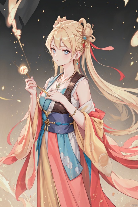  1girl,Bangs, off shoulder, colorful_hair, ((colorful hair)),golden dress, yellow eyes, chest, necklace, pink dress, earrings, floating hair, jewelry, sleeveless, very long hair,Looking at the observer, parted lips, pierced,energy,electricity,magic,tifa,sssr,blonde hair,jujingyi, wangyushan, dofas, 1 girl, yue , hair ornament , hanfu, ((poakl))