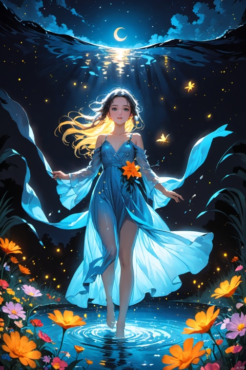  (masterpiece), (best quality), illustration, ultra detailed, hdr, Depth of field, a girl, full body, magic, solo focus, masterpiece, gradient background, summer, best quality, star,  deep night, wind, flying flowers,colorful flowers, fireflies, crescent moon, 1 girl, blue long hair, Beautiful and meticulous eyes, small breast, beautiful detailed,off shoulder, beautiful dress,long sleeves ,perfect hand, strong rim light, anime screenshot, bare feet, step in water, solo focus, extremely detailed wallpaper,cinematic lighting, painting, girl, glow, Hazy light,Floodlight
