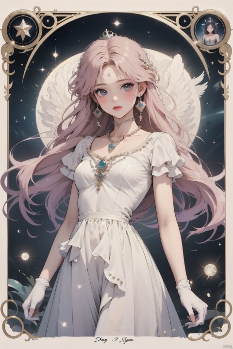  masterpiece, best quality, 4k, soft light,1girl, solo focus, perfect body, elegent white dress, silk gloves, long pink hair,small breasts, jewelry earrings, pearl necklace, pearl arm rings, little crown, looking at viewer, stand, soft wing on back, moon princess, stary night,Tarot cards background, dopamine, dofas, SHSJ, jy, dark academia, hologram girl, SHSJ