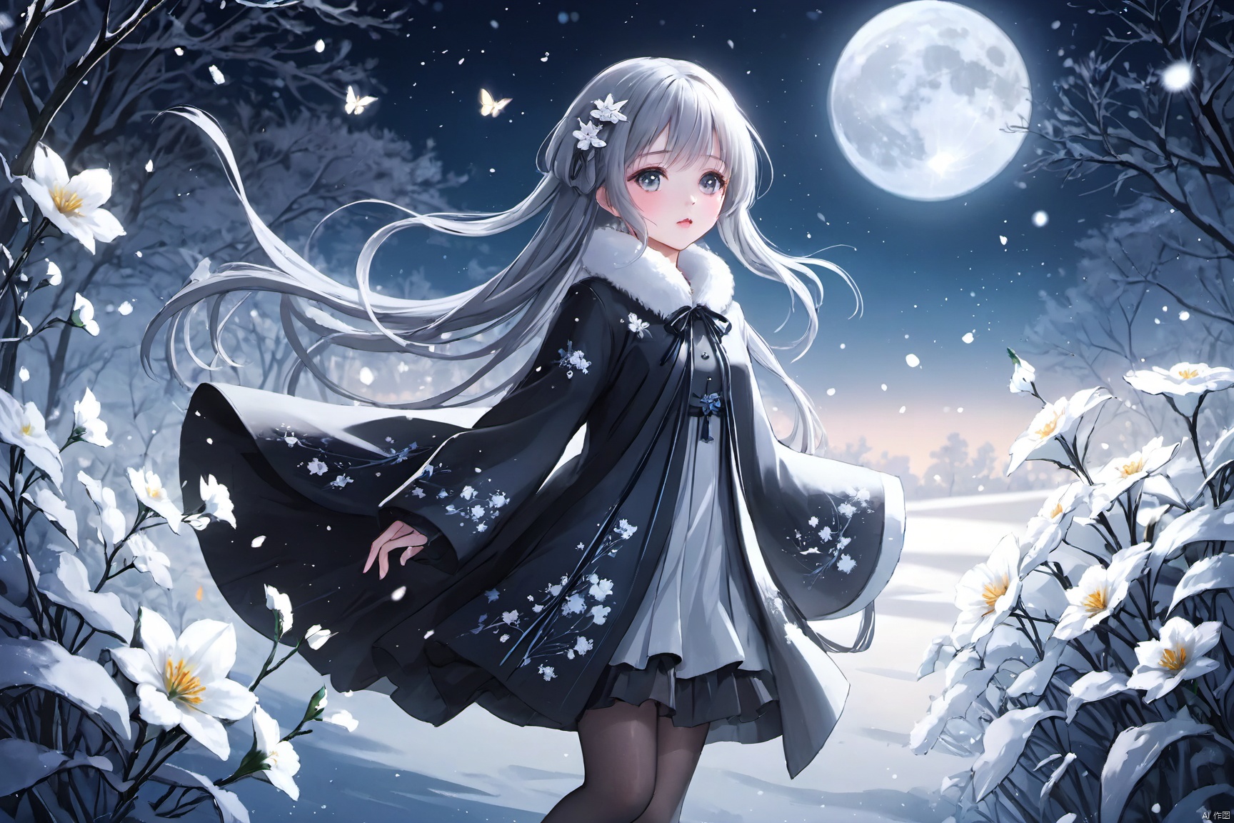  (masterpiece), (best quality), illustration, ultra detailed, hdr, Depth of field, (colorful),loli,full body, focus, masterpiece, solo, gradient background, winter, best quality, star, Through the mottled light and shadow of snow, deep night, wind, flying butterfly, flying white flowers, ice flower, big moon, 1 girl, Beautiful and meticulous eyes, small breast, beautiful detailed,fur collar dress, a sweater coat,Grey gradient hair Blue highlights, hairpin, hime_cut, long sleeves ,sigh, strong rim light, anime screenshot, Bust, solo focus, extremely detailed wallpaper, Personage as the main perspective, intense shadows, cinematic lighting, depth of field, painting