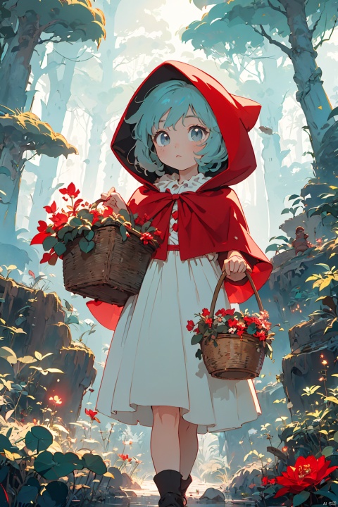  (a fairy tale setting:1.2), a digital artwork capturing the enchanting world of a forest, where the story of Little Red Riding Hood unfolds, (highly detailed:1.1),showcasing the intricate textures of nature, (mysterious ambiance:1.2), immersing the viewer in a sense of wonder and magic, (Little Red Riding Hood:1.3), a young girl dressed in her iconic red hooded cloak, Carrying a basket in hand, (lush greenery:1.1), surrounding her as she walks in the forest, (sunlight filtering through trees:1.1),casting a warm and gentle glow, (dynamic composition:1.1),flowers,capturing the anticipation and innocence of Little Red Riding Hood's journey, inviting viewers to step into the fairy tale world of a young girl venturing through the mysterious forest, her red cloak contrasting against the lush greenery, and discover what lies ahead in her captivating adventure., Anime, tutututu