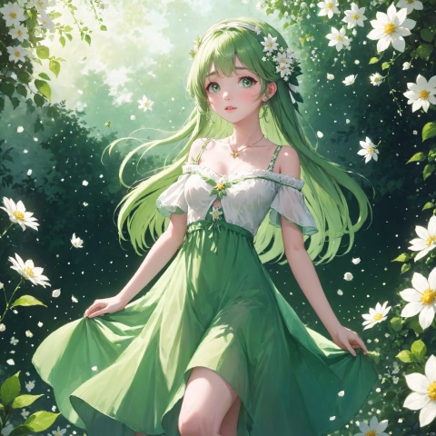  (masterpiece), (best quality), illustration, ultra detailed, depth of field, outside garden, a suspended girl,  masterpiece,gradient background, best quality, star, floating white flowers, 1 girl,looking up, Beautiful and meticulous eyes, middle breast, beautiful detailed,off shoulder, a light green dress, green long hair, headband, earring, full body, hands behind body, extremely detailed wallpaper,intense shadows, cinematic lighting, depth of field, painting
