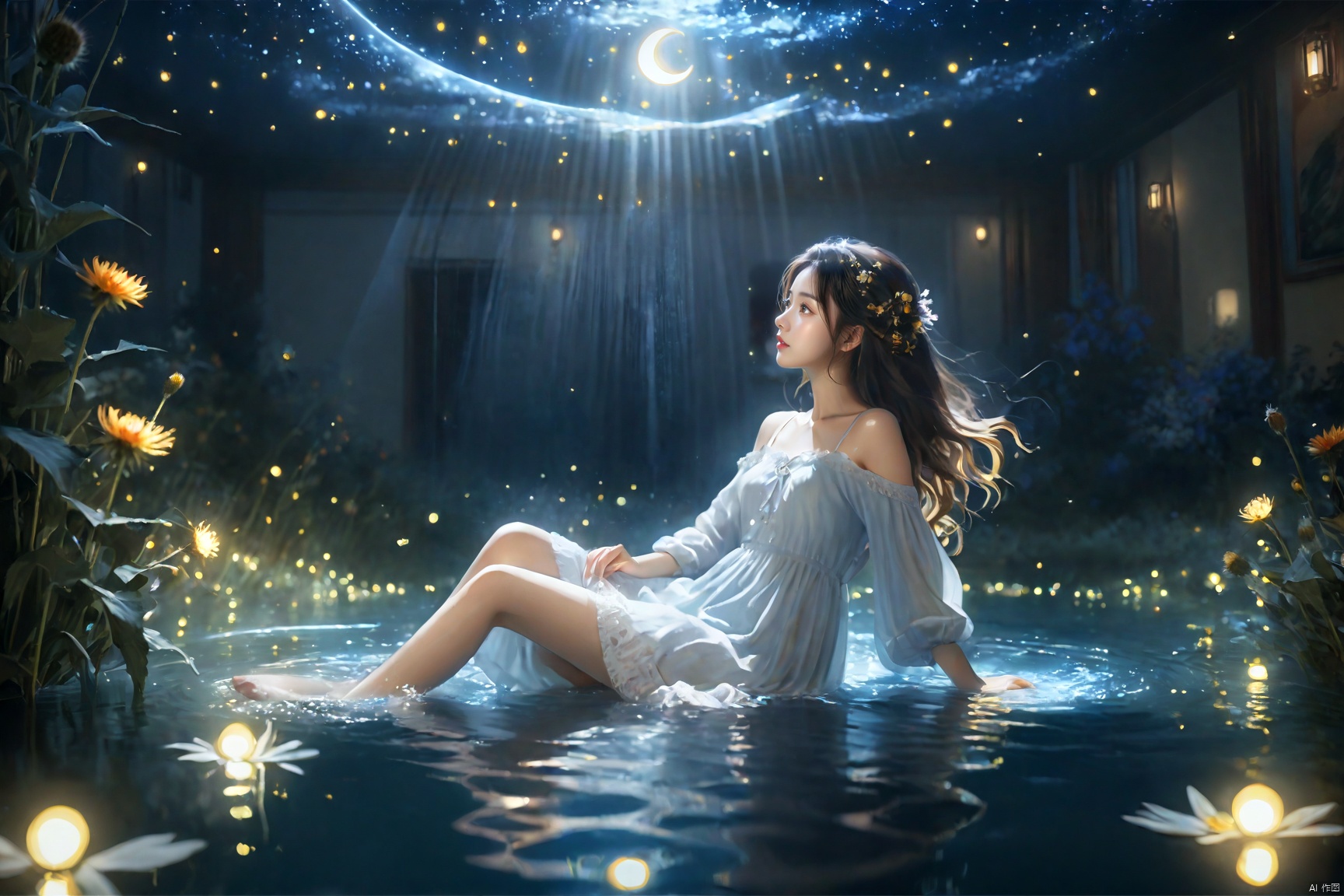  (masterpiece), (best quality), illustration, ultra detailed, hdr, Depth of field, a girl, full body, magic, solo focus, laying_down in water, masterpiece, gradient background, summer, best quality, star, deep night, wind, flying flowers,colorful flowers, fireflies, crescent moon, 1 girl, thistle long hair, Beautiful and meticulous eyes, small breast, beautiful detailed,off shoulder, casual clothes, long_sleeve ,perfect hand, strong rim light, anime screenshot, bare feet, float on water, solo focus, extremely detailed wallpaper,cinematic lighting,glow, Hazy light,Floodlight, NVZ, (\shen ming shao nv\)
