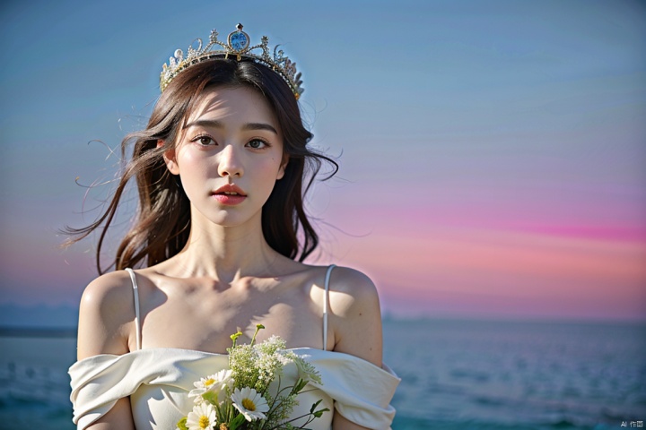  masterpieces, best quality, solo focus, a noble goddess of spring, half body, wearing a beautiful long dress, deliacte face, smell the flowers, holding a branch of wild flowers, magic and mystery, simple background, wearing a crown of flowers, eluosi, TT