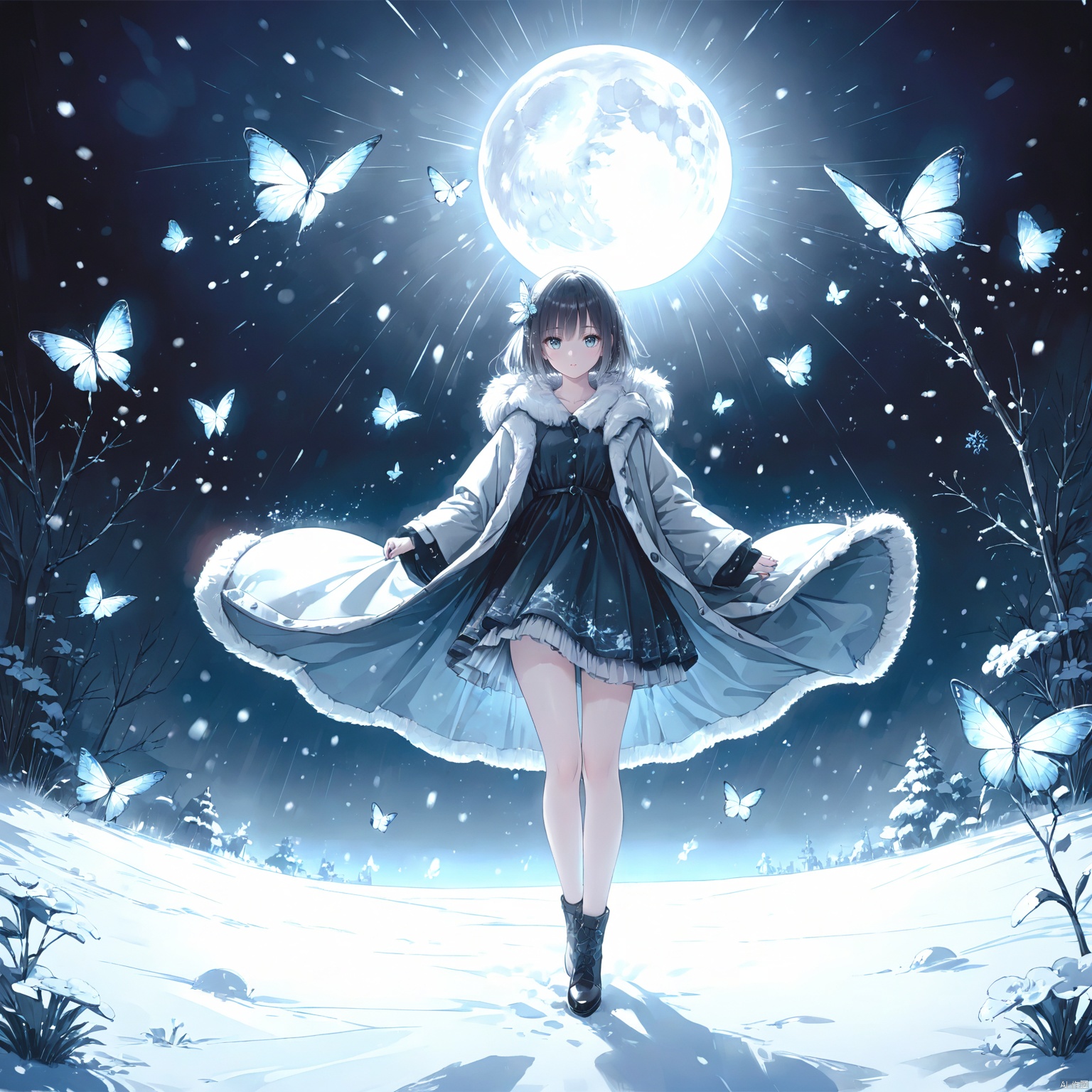  (masterpiece), (best quality), illustration, ultra detailed, hdr, Depth of field, a girl, full body, Magic,focus, masterpiece, solo, gradient background, winter, best quality, star, Through the mottled light and shadow of snow, deep night, wind, flying butterfly, flying white flowers, ice flower, big moon, 1 girl, black hair, Beautiful and meticulous eyes, small breast, beautiful detailed,fur collar dress, a sweater coat,Grey gradient hair Blue highlights, hairpin, hime_cut, long sleeves ,perfect hand, strong rim light, anime screenshot, Bust, solo focus, extremely detailed wallpaper, Personage as the main perspective, intense shadows, cinematic lighting, depth of field, painting, girl, glow, lines