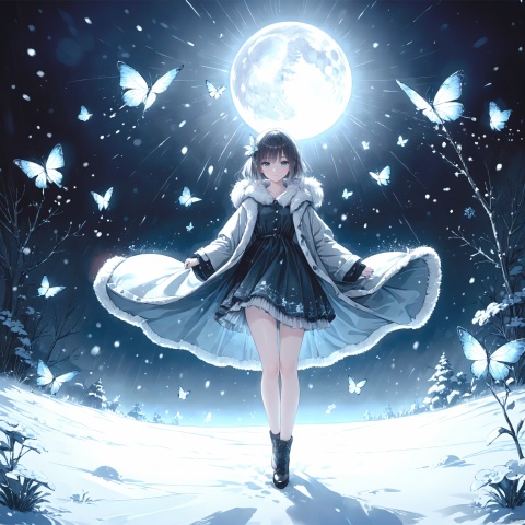  (masterpiece), (best quality), illustration, ultra detailed, hdr, Depth of field, a girl, full body, Magic,focus, masterpiece, solo, gradient background, winter, best quality, star, Through the mottled light and shadow of snow, deep night, wind, flying butterfly, flying white flowers, ice flower, big moon, 1 girl, black hair, Beautiful and meticulous eyes, small breast, beautiful detailed,fur collar dress, a sweater coat,Grey gradient hair Blue highlights, hairpin, hime_cut, long sleeves ,perfect hand, strong rim light, anime screenshot, Bust, solo focus, extremely detailed wallpaper, Personage as the main perspective, intense shadows, cinematic lighting, depth of field, painting, girl, glow, lines