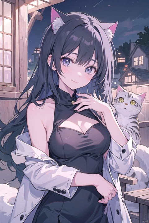  best quality, a girl wearing dress, black long hair, one cat lay on her one shoulder, :), lovely, summer night, meloncat,suit,hand paint