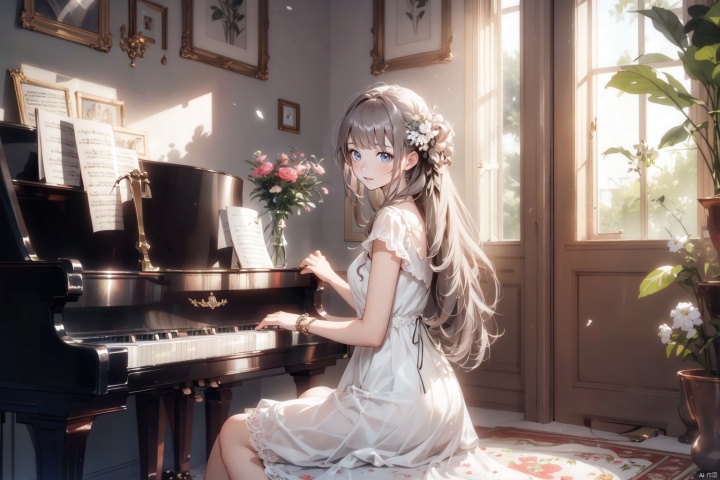  masterpiece, panorama,1 girl, solo, long curly hair, grey hair, happy face,perfect body, delicate dress, hair spin, ((play piano)), sit in Piano Stool, a delicate sitting room, deep of field, a photo frame on the wall, velvet curtains, sofa in modern minimalist style, stuffed toys on the floor,glass bottles,((carpet)) on the floor,  summer holiday, flowers, backlight, mLD, cozy anime, dress