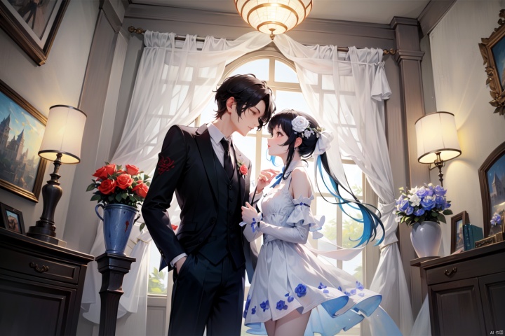  masterpiece, sharp focus, best quality, depth of field, cinematic lighting, a couple tied with spring ribbon, <:more_details:0.5>, the girl wear colorful dress, the boy wear suits, fantasy, ((poakl flower style)),beautifully decorated room,  colors, Stuffed toys,rose,coloured mini lanterns, houtufeng