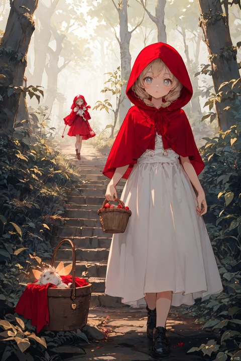  (a fairy tale setting:1.2), a digital artwork capturing the enchanting world of a forest, where the story of Little Red Riding Hood unfolds, (highly detailed:1.1),showcasing the intricate textures of nature, (mysterious ambiance:1.2), immersing the viewer in a sense of wonder and magic, (Little Red Riding Hood:1.3), a young girl dressed in her iconic red hooded cloak, Carrying a basket in hand, (lush greenery:1.1), surrounding her as she walks in the forest, (sunlight filtering through trees:1.1),casting a warm and gentle glow, (dynamic composition:1.1),flowers,capturing the anticipation and innocence of Little Red Riding Hood's journey, inviting viewers to step into the fairy tale world of a young girl venturing through the mysterious forest, her red cloak contrasting against the lush greenery, and discover what lies ahead in her captivating adventure., Anime, tutututu