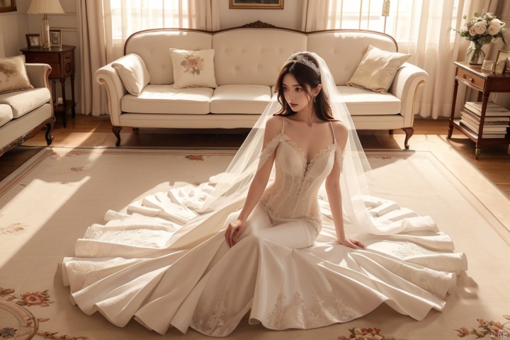  masterpiece, panorama,a girl, solo focus, perfcet body,long hair, wedding dress, lying in sofa, a delicate sitting room, a photo frame on the wall, velvet curtains, sofa in  
Gorgeous and warm style, ((carpet)) on the floor,  
Beautiful furniture,beautiful flowers, Overhead shot, weddingdress