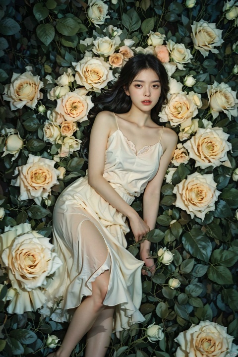   girl, solo, barefoot, black_hair, bouquet, brown_hair,middle_breasts,long dress, flower, grass, leaf, lying, on_back,outdoors, petals, plant, potted_plant, rose, white_dress, white_flower, white_rose, blue roses, pink roses, (/qingning/), jiqing, mtianmei, qzgt