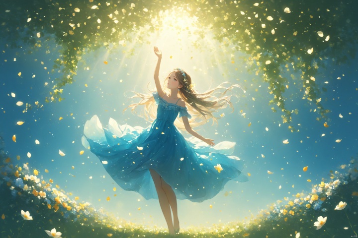  (masterpiece), (best quality), illustration, ultra detailed, depth of field, outside garden, a suspended girl, masterpiece,gradient background, best quality, star, floating flowers, 1 girl,looking away, Beautiful and meticulous eyes, middle breast, beautiful detailed,off shoulder, delicate dress, long hair, headband, earring, full body, raise hands up to catch the falling petals, extremely detailed wallpaper,intense shadows, cinematic lighting, depth of field,goddess of summer, painting, Dingdall effect