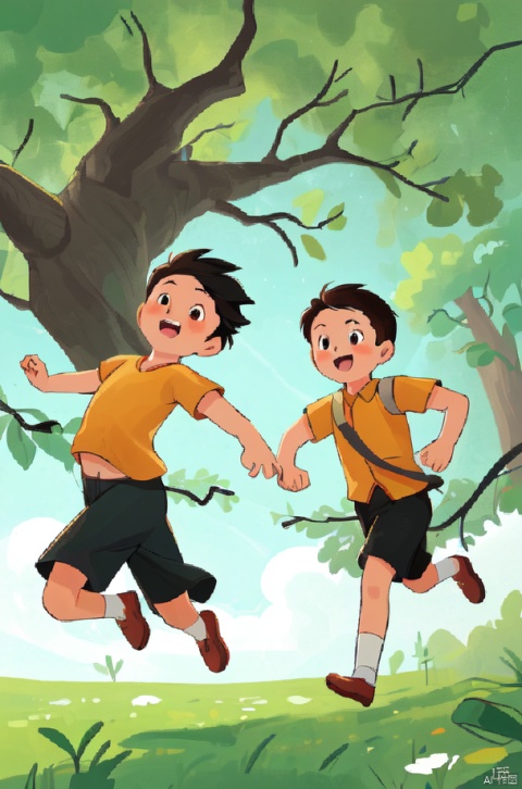 In the middle ground, two boys are running between branches, chasing each other, with carefree smiles on their faces. The details are rich, the image is high-definition, and the art style is delicate.